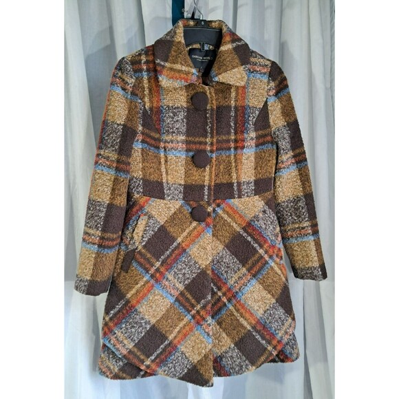 Wool Cashmere Brown Plaid Girls Long Overcoat Size Large GanGan World - Picture 1 of 13